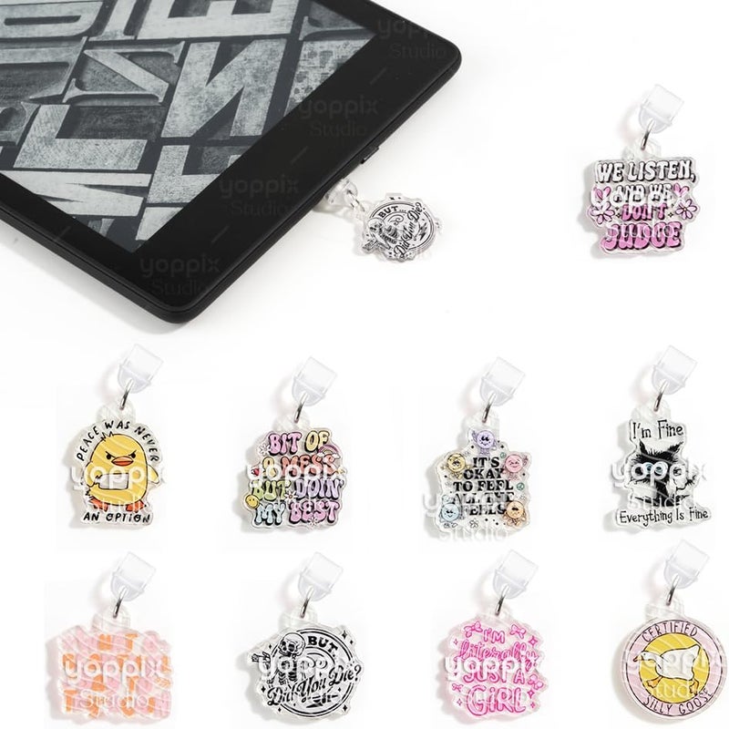 YOPPIX 9PCS Charms for E-Reader, About Fun Theme Dust Plug Charm Compatible with Type C Charging Port, Gift for Book Lover Readers Men Women Teachers Students, Accessories for E-Reader - Image 1